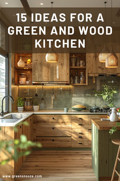 kitchen inspo, kitchen ideas, green and wood kitchen, green kitchens Olive Green And Wood Kitchen Cabinets, Sage Green Kitchen With Oak Cabinets, Green Marble Wood Kitchen, Kitchen Design Green And Wood, Brown Cabinets Green Backsplash, Hickory And Green Kitchen Cabinets, Earthy Home Decor Kitchen, Green Kitchen Wood Island, Green Sage Cabinets Kitchen