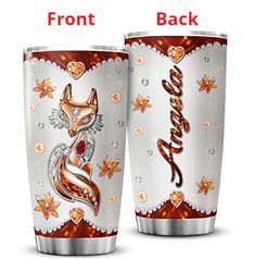 two metal cups with designs on them and the same one has an image of a fox