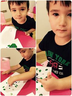 a collage of photos shows a young boy making art with paper and glue on the table