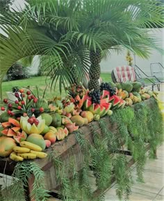 there are many different types of fruits on display in the table outside with palm trees and lawn chairs behind them