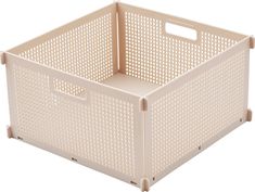 a beige plastic storage box with handles and sides on an isolated white background, showing the bottom part of the basket