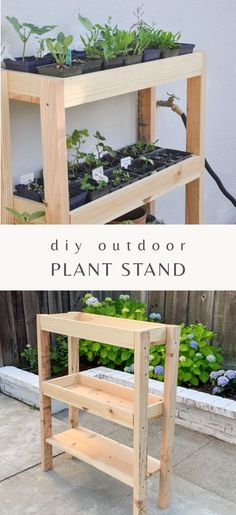 the diy outdoor plant stand is made out of wood and has plants growing in it