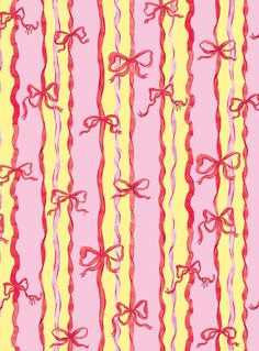 a pink and yellow striped background with red bows