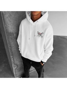 Men Youth Sweatshirt, Oversize "anime Print" Print Hoodie Sleeve Placket, Oversize Sleeves, Casual Sweatpants, Casual Home, Popular Movies, Pullover Designs, Print Hoodie, White Hoodie, Season Autumn