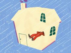 a drawing of a house with a person falling from it's roof in the rain