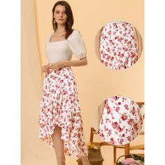 Simple and cute, this high-waisted skirt is complete with floral prints, a high low hem, a high elastic waist, and maxi length. Add a completely cute and unique vibe to your look with this high-low floral skirt. This skirt is suitable for going out, which is unique and cool, attracting people's attention. Perfect to pair it with sandals or high heels for a sweet look. High Waist Floral Print Maxi Skirt, Feminine Asymmetrical Floral Print Skirt, White Floral Print Asymmetrical Skirt, White Asymmetrical Floral Print Skirt, White Asymmetrical Skirt With Floral Print, Maxi Tiered Skirt, Layered Ruffle Skirt, Ruffle Hem Skirt, Hem Skirt