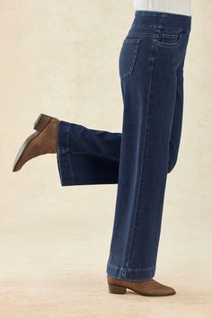 A fresh new style in our so-comfortable knit denim, updated with a modern leg shape. Our wide-leg jeans feature a flat pull-on waistband, with faux fly and 5-pocket styling. Pull On Jeans For Women, Wide Leg Jeans Shoes, Jeans Shoes, Knit Denim, Shoes With Jeans, Wide Leg Denim, New Style, Wide Leg Jeans, Cotton Spandex