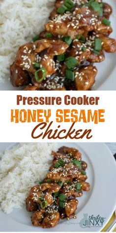 pressure cooker honey sesame chicken on a plate with rice