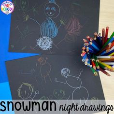 two snowman night drawings with colored pencils next to them