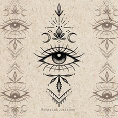 an all seeing eye surrounded by ornamental designs on a beige background with the words cherish tattoos written below it