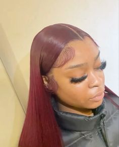 Burgundy Hair Lace Frontal, Burgundy Lace Front Wig Straight, Burgundy Hair Middle Part, Colored Straight Wig, Red Bust Down Middle Part, Dark Red Quick Weave, Fall Colors Wigs, Burgundy Frontal Wig Hairstyles, Wig Colors On Dark Skin Women