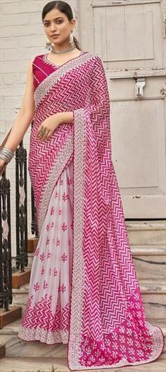 Pink and Majenta, White and Off White color Saree in Organza Silk fabric with Sequence work White Wedding Blouse Piece With Motifs, Fitted White Saree With Motifs, White Color Saree, Party Wear Traditional, Wedding Pink, Sequence Work, Party Wear Sarees, Off White Color, Blouse Length