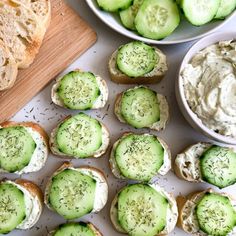 cucumber sandwiches with cream cheese and dill pickle spread on bread slices