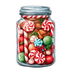 a glass jar filled with candy canes and candies