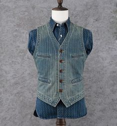 Striped Vest Men's Denim Vest Work Waistcoat Vintage Casual Coat Pockets Top | eBay Men’s Vest, Mens Vest Outfits, Rugged Men's Fashion, Cowboy Fits, Waist Coat Men, Men Vest Outfits, Mens Vest Tops, Denim Vest Men, Denim Outfit Men