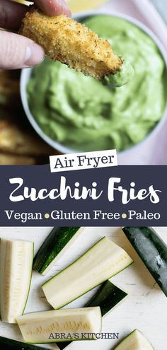 an air fryer with zucchini fries and guacamole