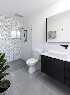 a bathroom with a toilet, sink and large mirror in the wall next to a potted plant