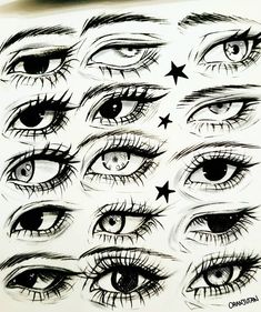 a drawing of many different eyes with stars on the top and bottom half of each eye