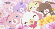 there are many cartoon animals together in the background with pink flowers and yellow daisies