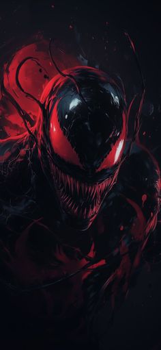 an image of a red and black alien with fangs on it's face, in the dark