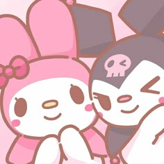 two cartoon characters are hugging each other in front of a pink background with skulls on it