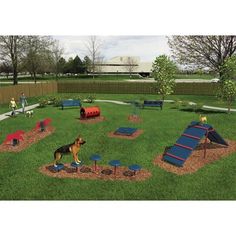 a dog park with dogs playing in the grass and on the ground, there is a play structure