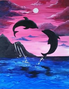 two dolphins jumping out of the water in front of a pink and blue sky with clouds