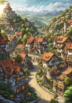 a painting of a village with lots of houses on the hillside and mountains in the background