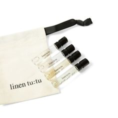 Discover the Linen Tutu natural eau de parfum debut collection at home. This set includes 4 x 2ml sprayers, scent strips and a menu card that guides you through each plant-based perfume. All four fragrances in the collection are included in the discovery set (in 2ml sample vials): up @1 hearsay @3 lately @5 afterthought @7 The discovery set is the perfect way to get to know each of the scents before committing to a full-size bottle. Each natural eau de parfum in the collection has a unique profi Perfume Discovery Set, Parfum Collection, Grain Alcohol, Perfume Samples, Menu Card, Natural Perfume, Fragrance Collection, Natural Fragrances, Menu Cards