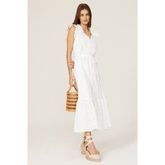 White linen (100% Linen). A-line. V-neck. Sleeveless. Front button closure. 52" from shoulder to hemline. Imported. Fitted White A-line Linen Dress, Casual White Linen V-neck Dress, White Linen V-neck Dress For Daywear, White Linen V-neck Midi Dress, Ralph Lauren Summer V-neck Dress, Rent Dresses, Lauren White, White Day, Rent The Runway