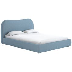 a blue bed with white sheets and pillows on it's headboard, in front of a white background