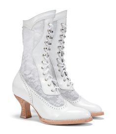 The Jennie Victorian Wedding Boots In White are ideal for anyone who is creating a vintage-inspired bridal look that draws on traditions from the Victorian era. Beautiful white leather and sheer lace accents make these statement-making boots simply breathtaking to behold. Plus, they’re comfortable enough to last you the entire day. Fabric Leather and lace boot. Welted outsole, leather wrapped heel Boot length Mid-Calf Heel Height 3 inch heel Additional 9 inch shaft Elegant Lace-up Boots With Rubber Heel Cap, Elegant Lace-up Platform Boots With Reinforced Heel, White Mid-calf Boots With Medium Width And High Ankle, White High Heel Mid-calf Boots Medium Width, White Mid-calf Boots With Medium Width, Fitted High Heel Boots With Laces, White Mid-calf High Heel Boots With Reinforced Heel, Fitted Low Heel Boots With Reinforced Heel, White High Heel Mid-calf Boots With Reinforced Heel