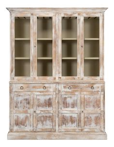 an old wooden cabinet with glass doors and drawers on one side, against a white background