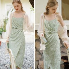 霞んだ水面の花柄キャミソールワンピースとシフォンカーディガン Spring Chiffon Slip Dress, Elegant Green Floral Print Slip Dress, Elegant Summer Slip Dress For Garden Party, Elegant Light Green Dress For Garden Party, Chiffon Cardigan, Camisole Dress, Mist, Pale Green, Pearl Chain