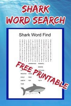 a shark word search is shown with the words free printable