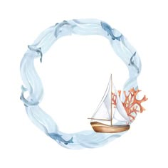 a watercolor painting of a sailboat and corals in a circular frame on a white background