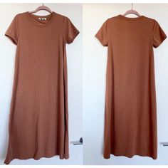 Brand New Without Tag Uniqlo T-Shirt Maxi Dress. Size: Small Color: Terracotta Mercerized Cotton Short-Sleeve A-Line Dress - Glossy Mercerized Cotton. - Comfortable Jersey Fabric With A Perfectly Crisp Feel. - Flared A-Line Silhouette. - This Cut-And-Sewn Dress Makes A Style Statement On Its Own. Measurements (Approximate - See Pictures): Pit To Pit: 17” Length Neck To Hem: 45” Casual Crew Neck Maxi Dress For Spring, Casual Short Sleeve Maxi Dress For Fall, Casual Plain Maxi Dress With Short Sleeves, Casual Maxi Dress With Short Sleeves, Relaxed Fit Short Sleeve Maxi Dress For Fall, Short Sleeve Everyday Fall Dresses, Everyday Short Sleeve Fall Dresses, Casual Orange Maxi Dress, Casual Orange Short Sleeve Maxi Dress