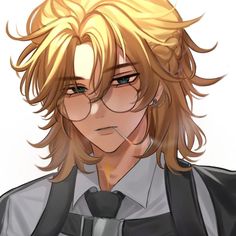 an anime character with blonde hair wearing glasses and a black jacket is staring at the camera