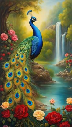 a painting of a peacock standing in front of a waterfall with roses on it's side