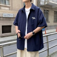 Product Show: Casual Embroidered Collared Shirt, Korean Fashion Shorts, Navy Blue Print, Street Sweatshirt, Shirt Streetwear, Oversize Casual, Letter Embroidery, Loose Tops, Mens Streetwear