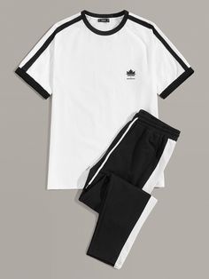 Men Two Tone Tee & Drawstring Waist Pants Set | SHEIN Shein Men, Casual Pants Style, Drawstring Waist Pants, Mens Casual Outfits Summer, Dope Outfits For Guys, Classy Fashion, Mens Fashion Casual Outfits, Men Fashion Casual Outfits