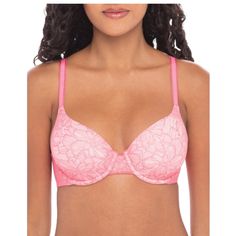 Brand New With Tags Secret Treasures Brand Tangerine Color Luxe Lace Lightly Lined-Underwired Full Coverage Adjustable Straps Multi-Way Straps Back Closure (Hook & Eye) Size-32b Pink Lace Push-up Bra, Pink Lace Feminine Bra, Feminine Pink Lace Bra, Pink Seamless Bra For Spring, Nude T Shirts, Tangerine Color, Beige T Shirts, Lounge Bra, Comfy Bra