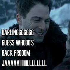 a man and woman laughing together in the snow with text overlay that reads, darlingsgggg guess who's back room