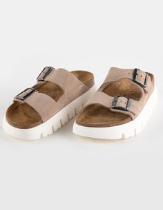 Birkenstock Papillio Arizona Chunky Sandals. A Chunky Platform Sole Takes The Arizona Sandal's Classic Design To New Heights—and Your Style Along With It. The Statement Tread Stands Out Below The Classic Suede Upper. Built On A Contoured Footbed, This Platform Is Always Ready To Get Up To Something. Classic Suede Upper. Suede Footbed Lining. Platform Eva Sole. Two Straps With Adjustable Metal Pin Buckles. Approximate Platform Height: 1". Imported. Summer Suede Platform Footbed Sandals, Suede Footbed Sandals With Textured Footbed For Summer, Summer Suede Footbed Sandals With Textured Footbed, Beach Suede Platform Footbed Sandals, Beach Suede Double Strap Footbed Sandals, Suede Sport Sandals With Cushioned Footbed For Summer, Beige Suede Footbed Sandals For Summer, Summer Suede Clogs With Buckle Closure, Birkenstock Papillio