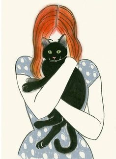 a drawing of a woman with red hair and a black cat on her shoulder,