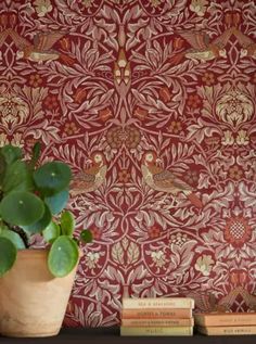 Wallpaper Morris Birds ruby red | Wallpaper from the 70s Walker House, Indigo Linen, Painter And Decorator, Floral Damask, Bird Wallpaper, Bird Perch, Wallpaper Calculator, More Wallpaper, Pierre Frey