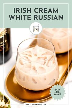 an advertisement for irish cream white russian on a gold plate with a bottle in the background