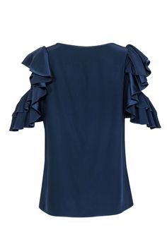 Transition from day to night in this breezy, ruffled, silky blouse from Parker! With a cold shoulder design, this blouse has the power to take you from day to night effortlessly. With its beautiful, rich navy hue, fun and flirty shoulder ruffles with cold shoulder design, and a sweet keyhole at neckline, she checks all the boxes. Wear your cutest wide leg jeans and '70s-inspired platform heels with big gold hoop earring to top off this look! Size S 100% Silk Pullover Unlined Round neckline with Off-shoulder Silk Blouse For Spring, Spring Silk Off-shoulder Blouse, Chic Ruffle Sleeve Blouse For Night Out, Elegant Cold Shoulder Blouse For Night Out, Spring Evening Tops With Ruffle Sleeves, Spring Evening Blouse With Ruffle Sleeves, Chic Ruffled Viscose Blouse, Chic Silk Tops For Brunch, Silk Ruffled Top For Night Out