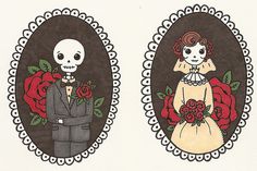 an image of a skeleton bride and groom with roses in the frame on white paper