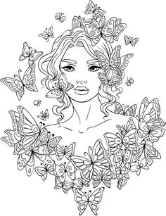 a girl with butterflies around her neck and head in the shape of a butterfly wreath